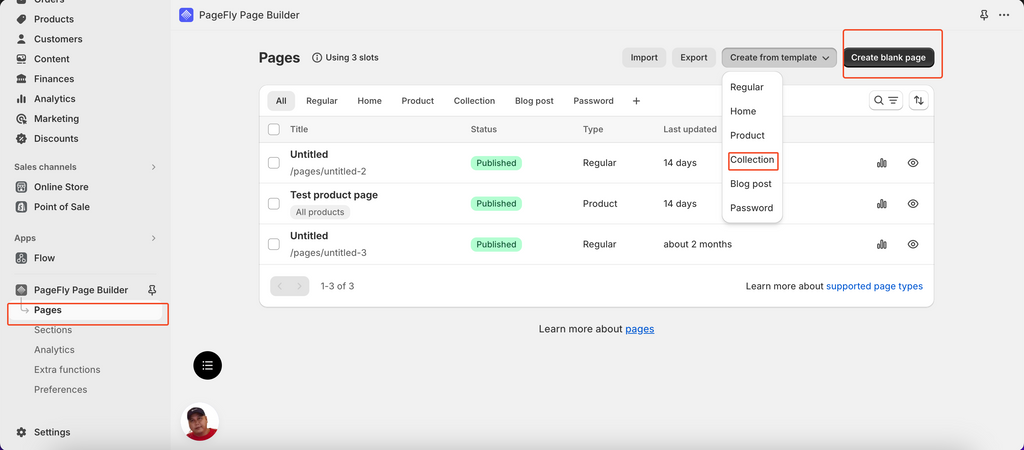 Creating a new collection page in the PageFly editor