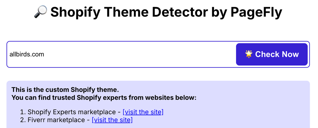PageFly theme detector result for Allbirds: custom-built theme, not available for purchase