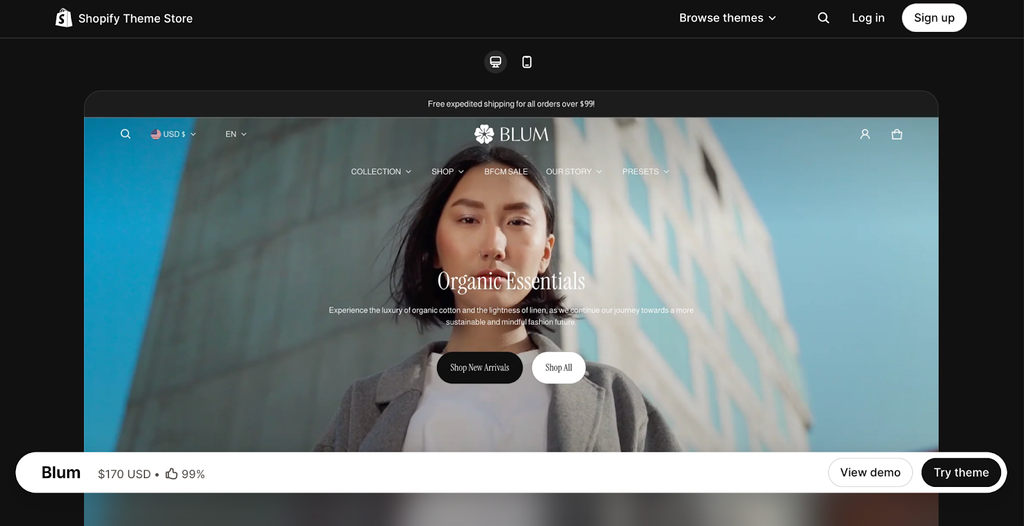 The Blum Shopify theme shown on a live store rather than in its Theme Store demo