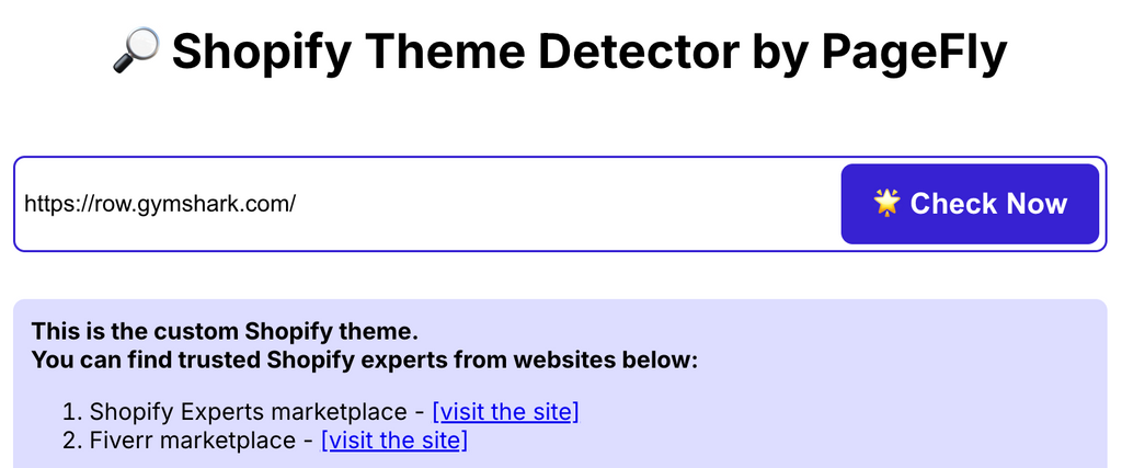 PageFly theme detector result for Gymshark: custom-built theme, not available for purchase