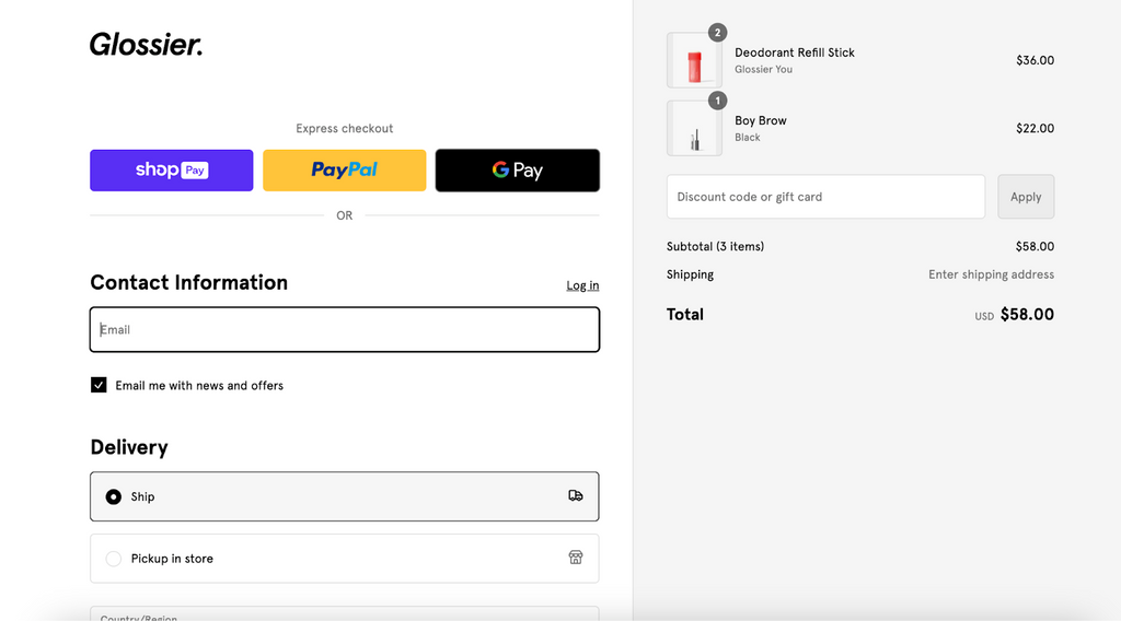 Example of a simplified one-page Shopify checkout