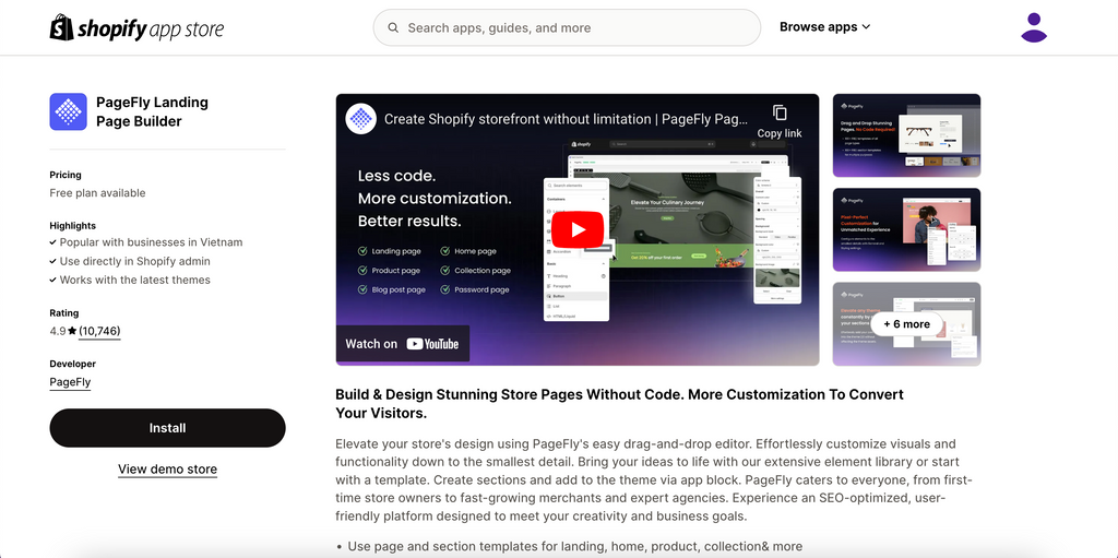 PageFly page builder app listing in the Shopify admin