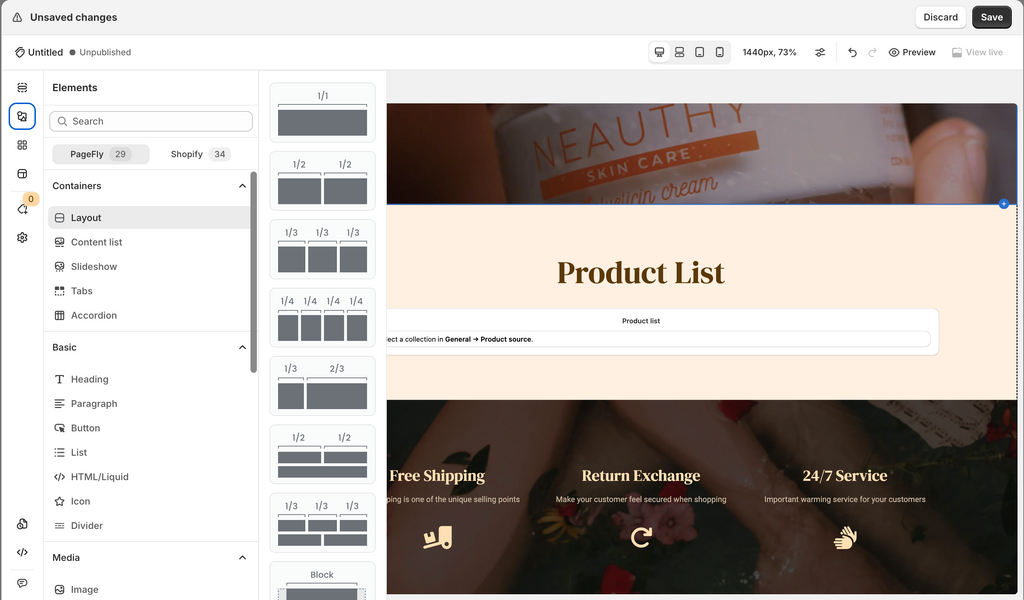 PageFly drag-and-drop editor building a Shopify collection page layout