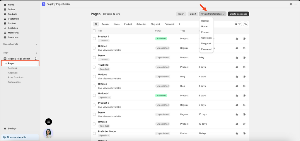PageFly Pages dashboard