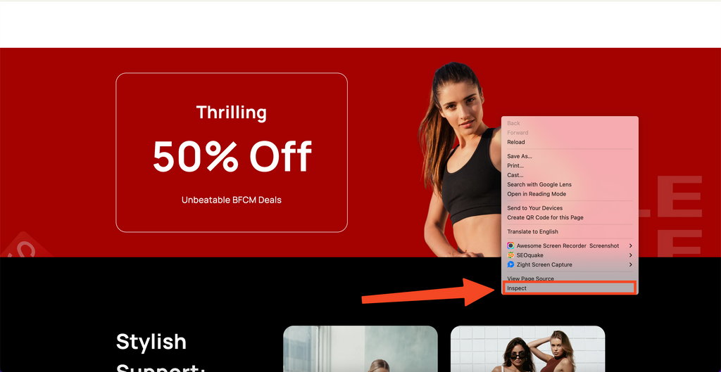 Right-click a Shopify banner and choose Inspect to check its size