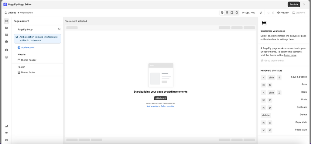 PageFly create new page with the blank page