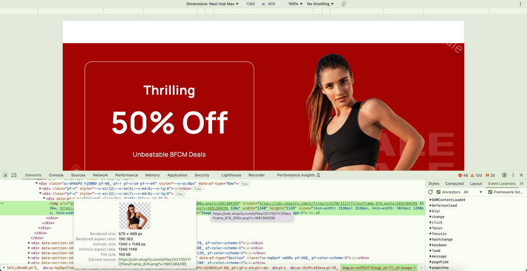Hover over the img tag in DevTools to see the rendered Shopify banner size