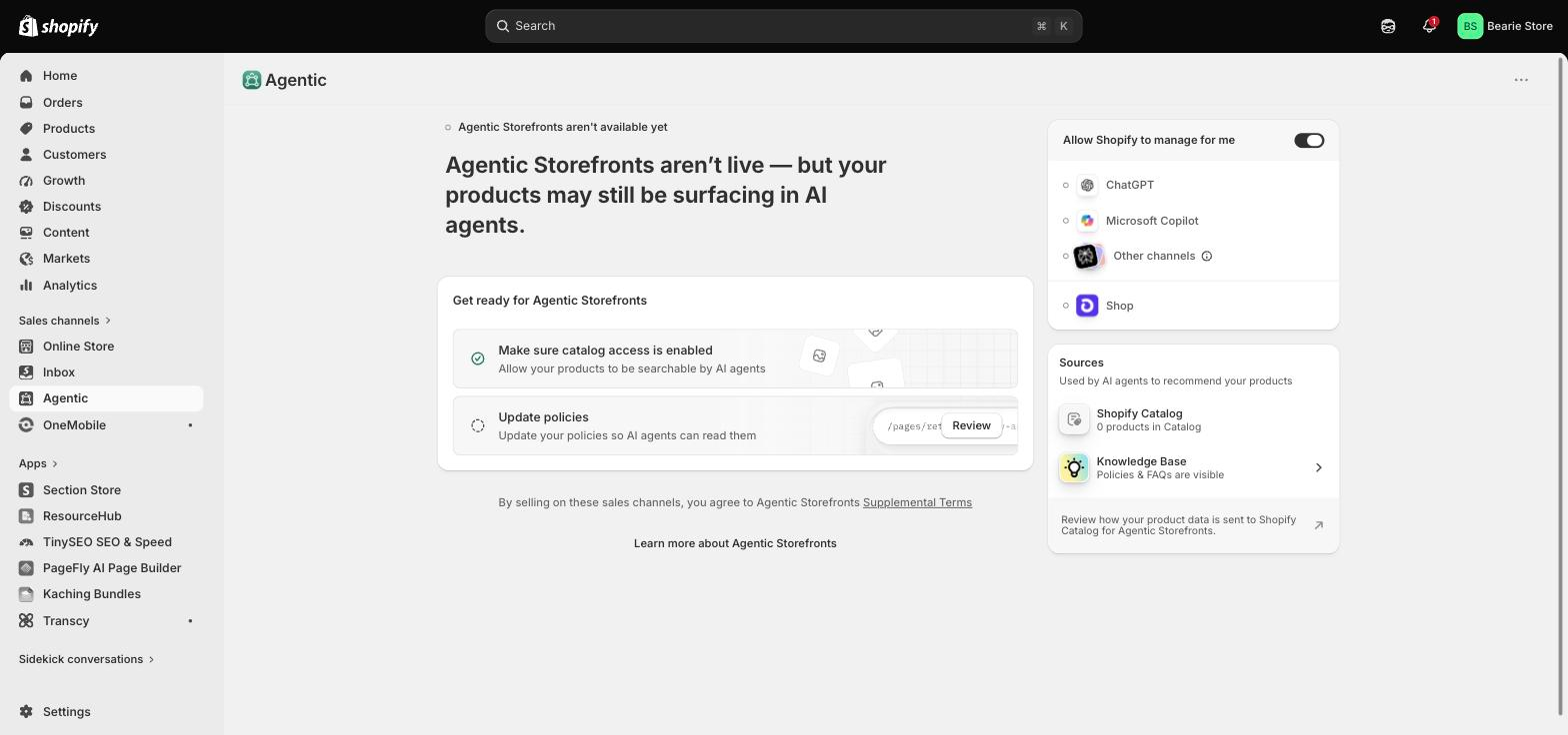 The Agentic Storefronts page in Shopify admin, showing the channel list and the "Allow Shopify to manage for me" toggle