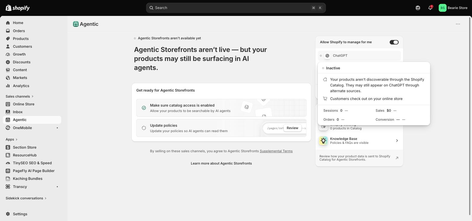 The ChatGPT channel detail in Shopify admin, showing "Customers check out on your online store" and no direct-checkout toggle