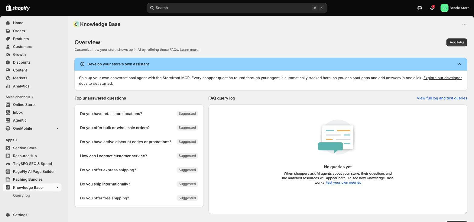 The Shopify Knowledge Base app showing a list of top unanswered shopper questions for a store
