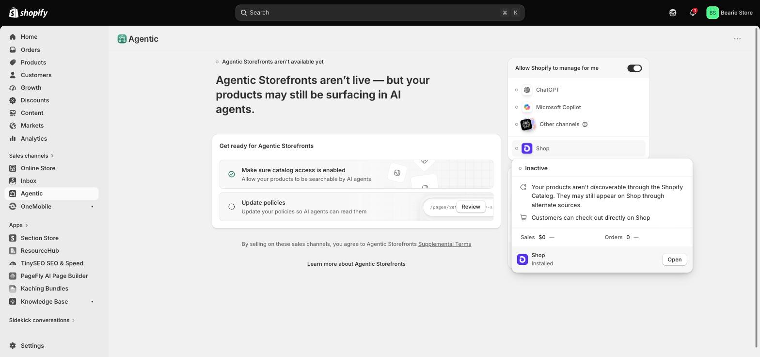 The Shop channel detail in Shopify admin, showing "Customers can check out directly on Shop" for contrast