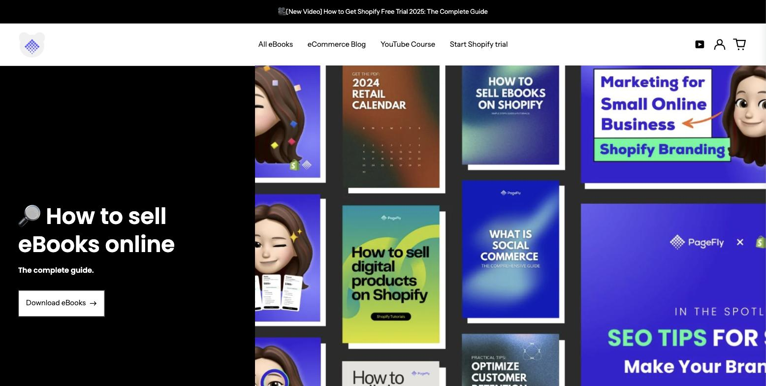 Bearie Store homepage with a full navigation menu, account and cart icons, an announcement bar and a grid of ebook covers, showing many exits for one visitor