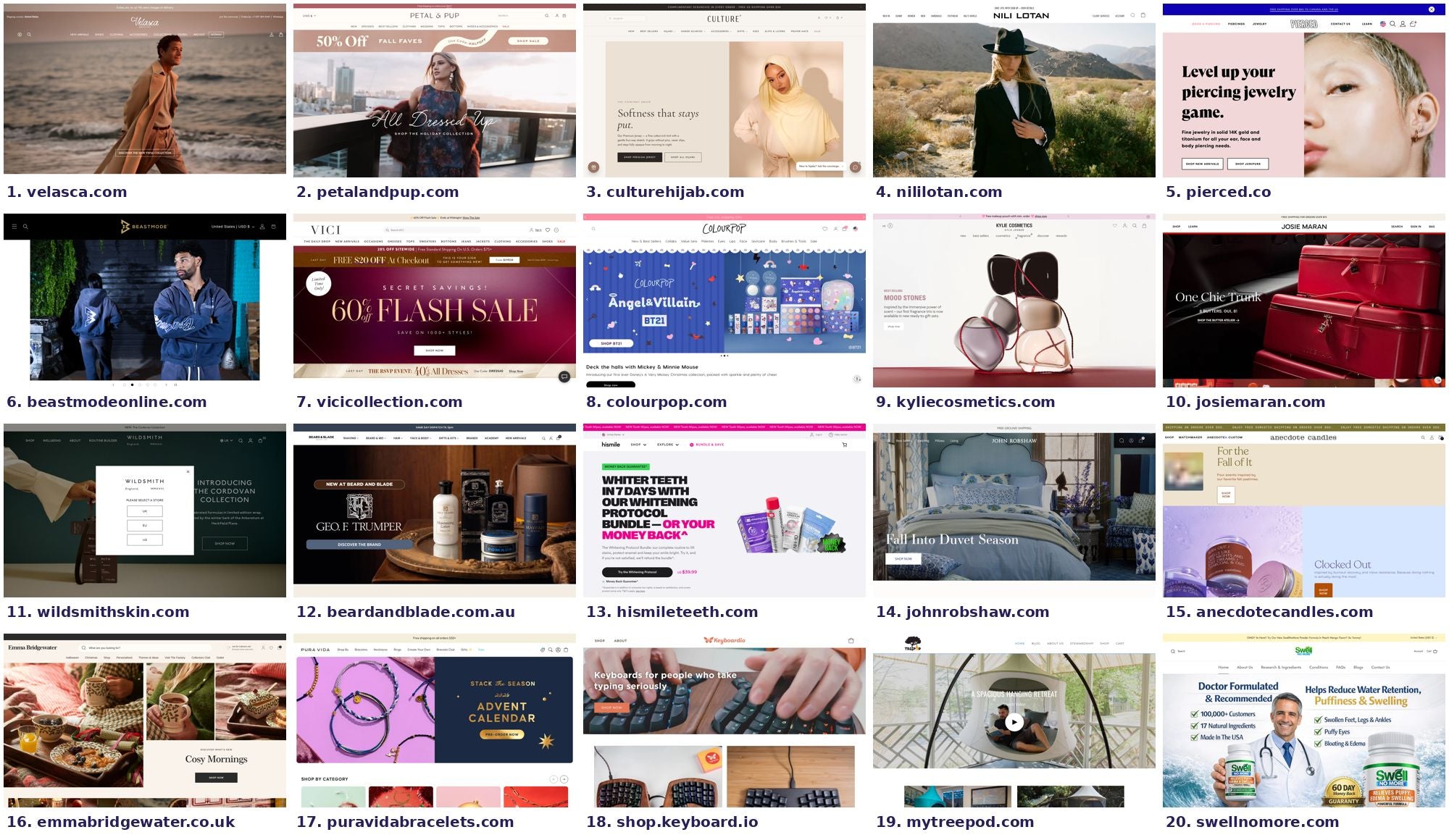 Homepages of the 20 Shopify store examples, captured on 16 October 2026
