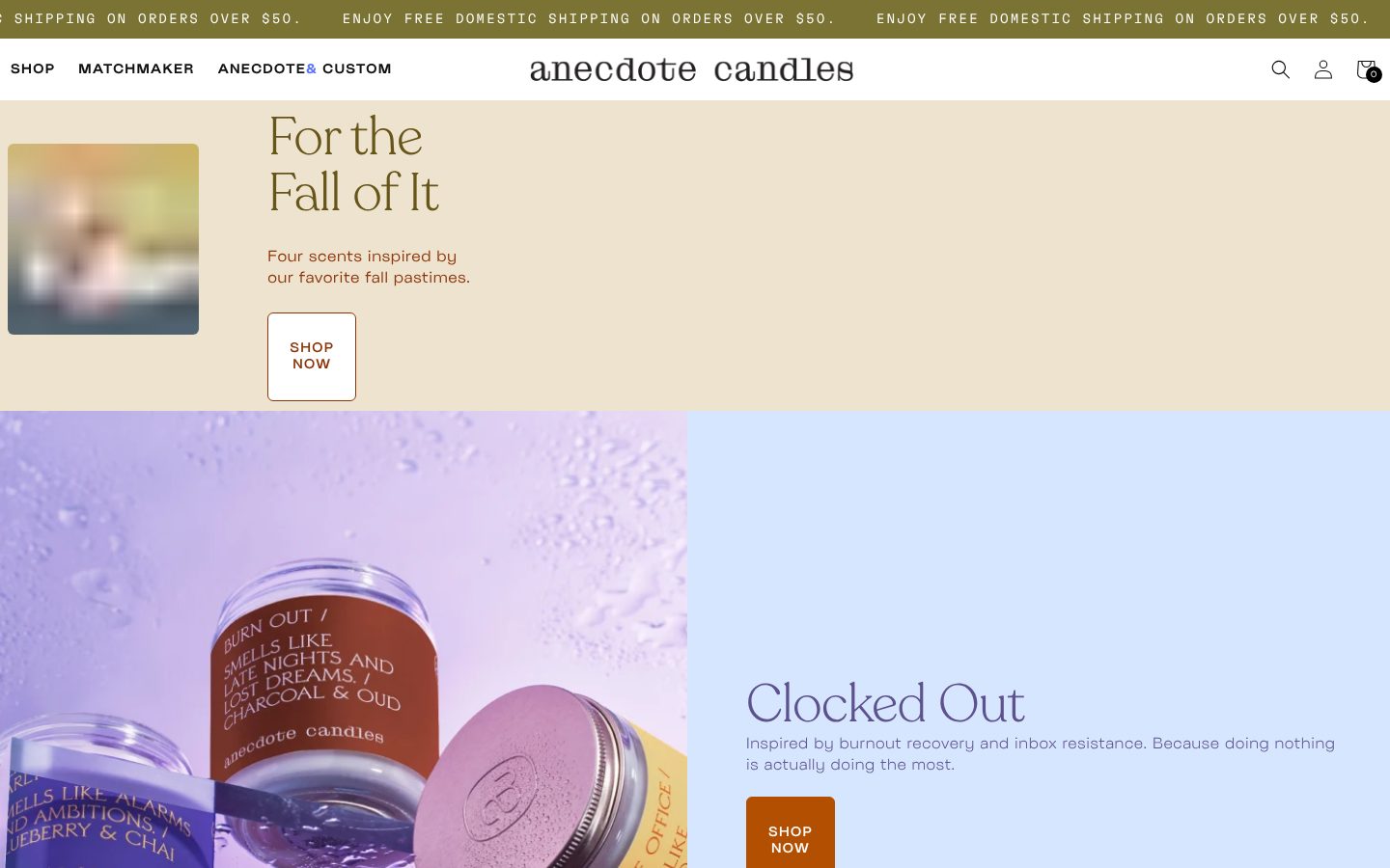 Anecdote Candles Shopify homepage on the Dawn theme, captured 16 October 2026