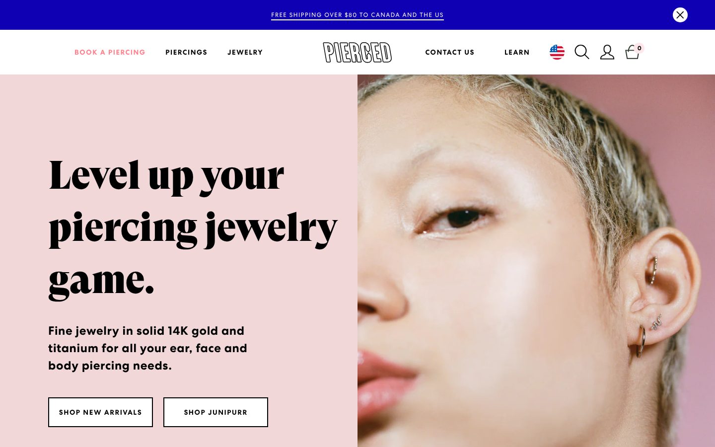Pierced Shopify homepage on the Motion theme with a Book a Piercing button, captured 16 October 2026