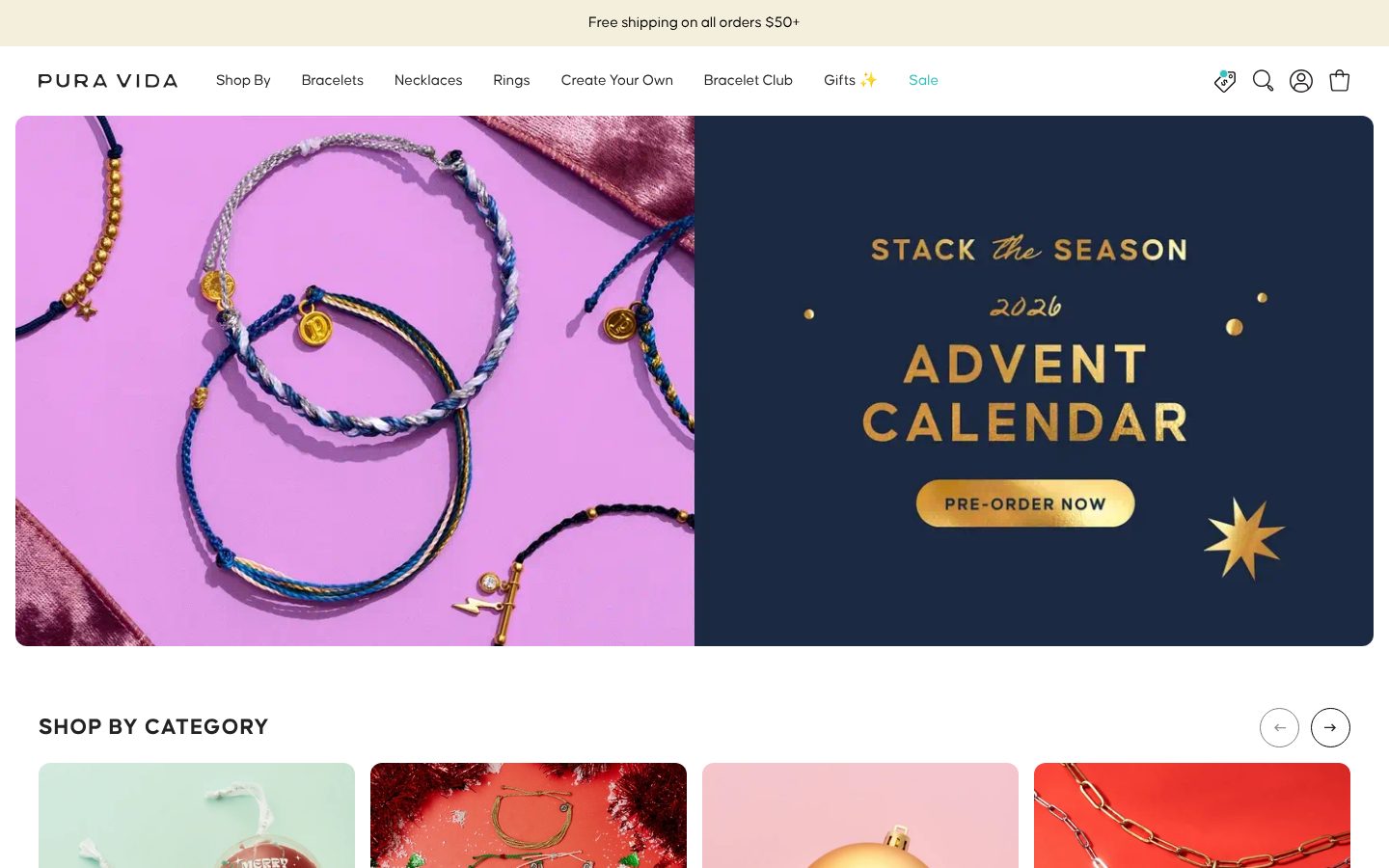 Pura Vida Bracelets Shopify homepage with an advent calendar pre-order banner, captured 16 October 2026