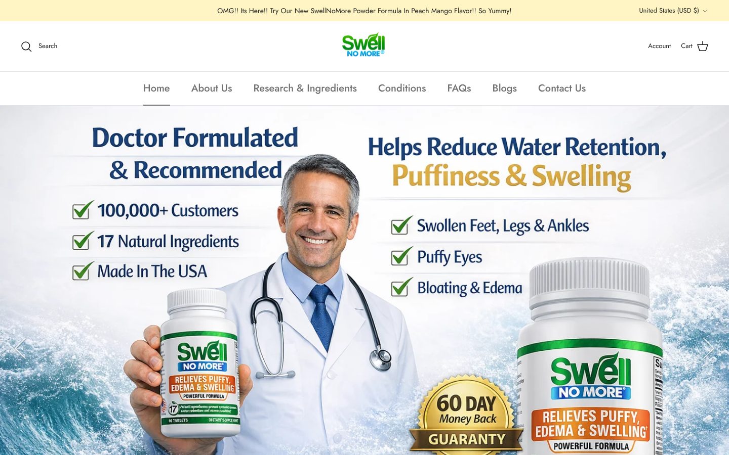 SwellNoMore Shopify homepage on the Symmetry theme with proof points in the hero, captured 16 October 2026