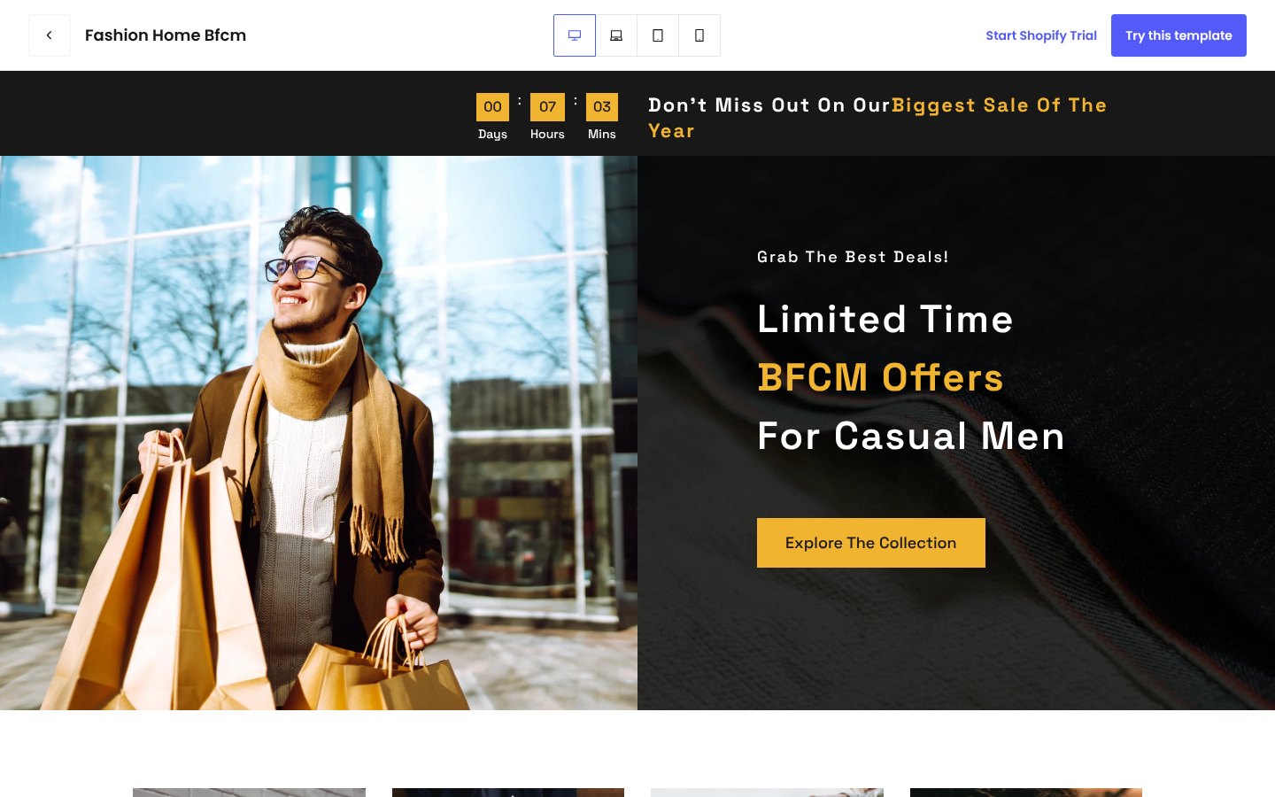 PageFly Fashion Home BFCM template preview on desktop: countdown bar, Limited Time BFCM Offers hero and Explore The Collection button