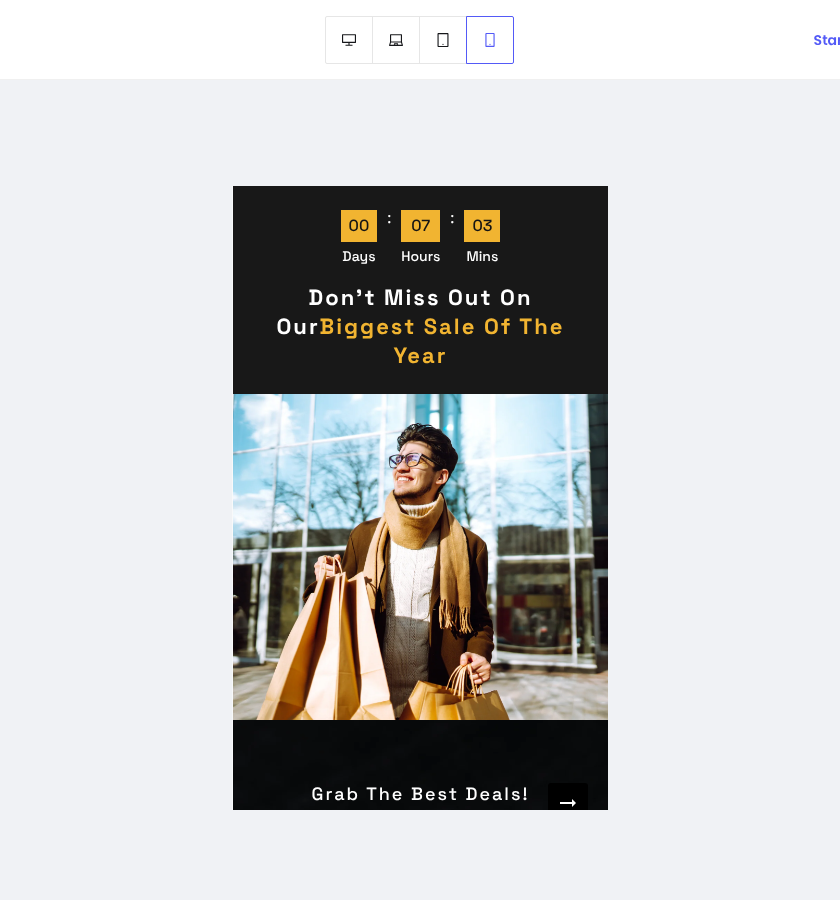 Fashion Home BFCM template in PageFly mobile preview: countdown, headline and photo fill the first screen, the collection button sits below it