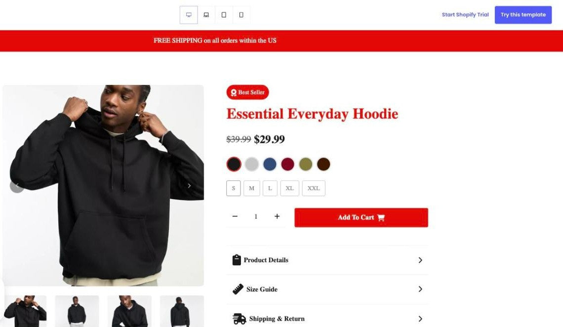 Everywear BFCM product page template with strike-through price, variant swatches and Add To Cart button
