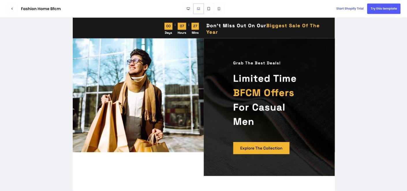 Fashion Home BFCM template preview with a countdown bar and Limited Time BFCM Offers hero