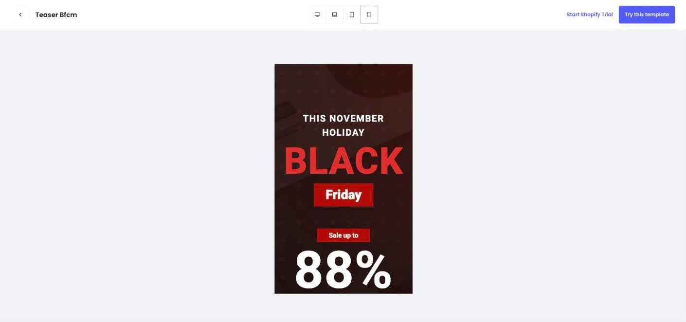 Teaser BFCM template in mobile preview: the 88% headline fills the first screen and pushes the countdown and CTA below the fold