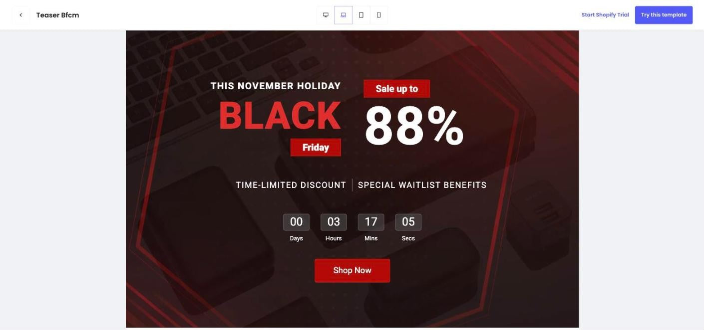 Teaser BFCM template preview in PageFly with countdown timer, Shop Now button and the Try this template button