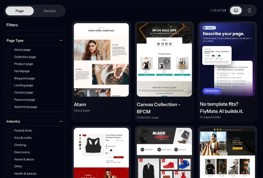 PageFly template library showing Canvas Collection BFCM, Curve BFCM, Fashion Collection BFCM and Fashion Home BFCM templates
