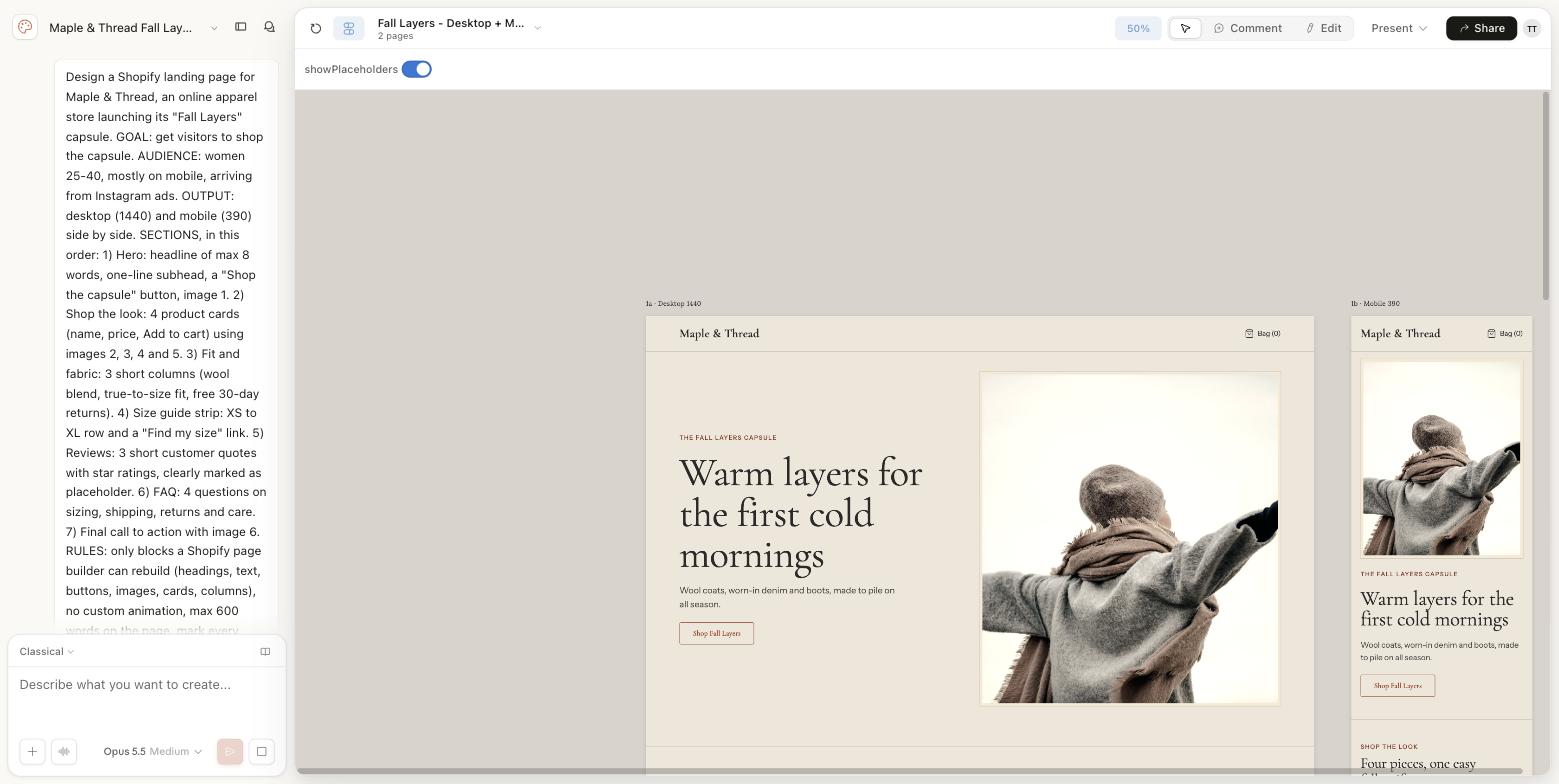 Claude Design with the Maple & Thread fashion brief in the chat panel and the Fall Layers landing page on the canvas at desktop and mobile size