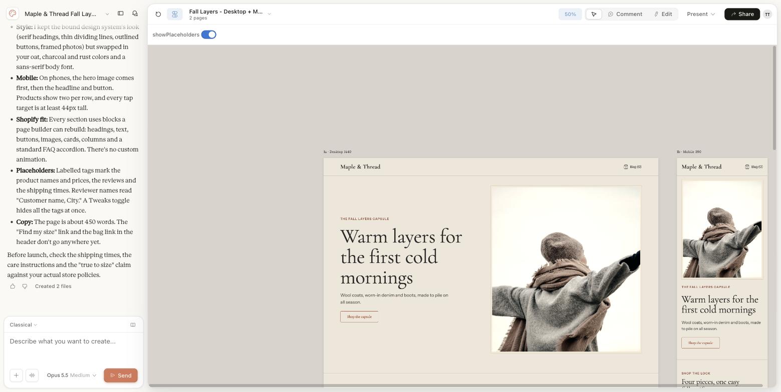 Claude Design response notes on style, mobile layout, Shopify fit and placeholders next to the Maple & Thread design canvas