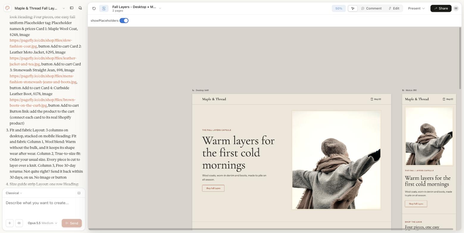Claude Design reading the fashion landing page back as an ordered section list with product names, prices, image URLs and button text