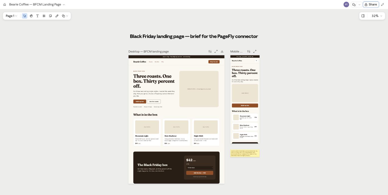 A Black Friday landing page designed on a Claude design canvas, showing desktop and mobile artboards side by side before it is handed to the PageFly connector