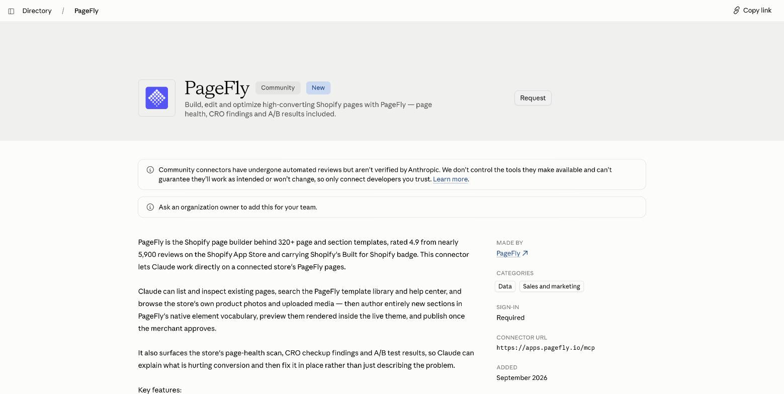 The PageFly listing in the Claude Directory showing the connector URL apps.pagefly.io/mcp and the 16 tools it exposes