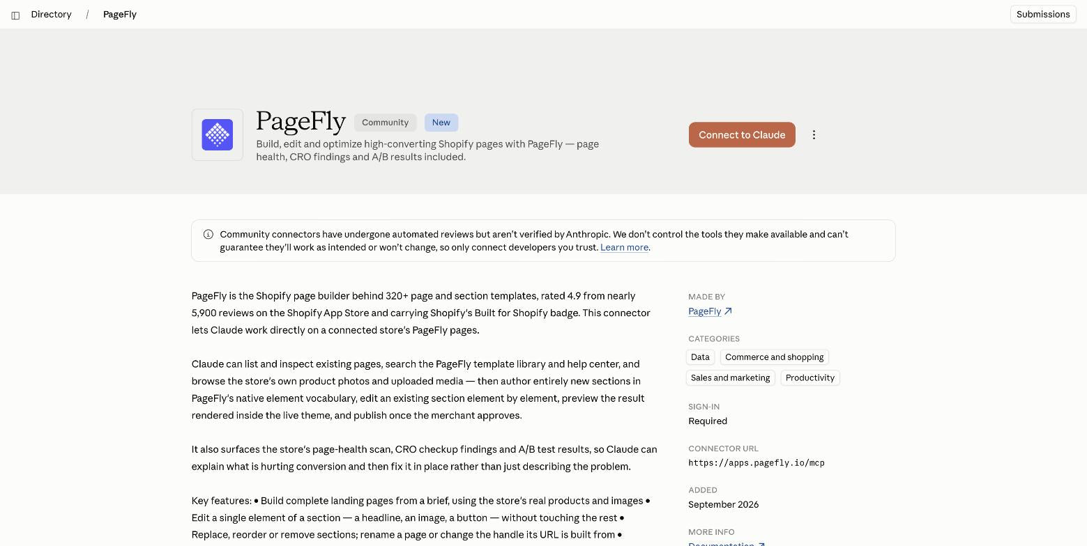 The PageFly listing in the Claude Directory, showing the PageFly logo, the Community and New badges, the connector URL apps.pagefly.io/mcp and the Connect to Claude button