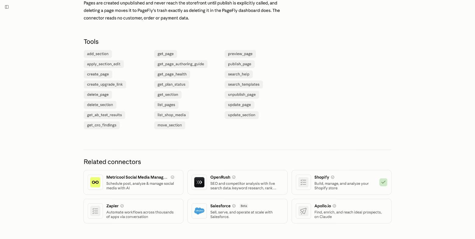 The Tools section of the PageFly Claude Directory listing, showing all 23 connector tools including apply_section_edit, get_section, move_section and update_page