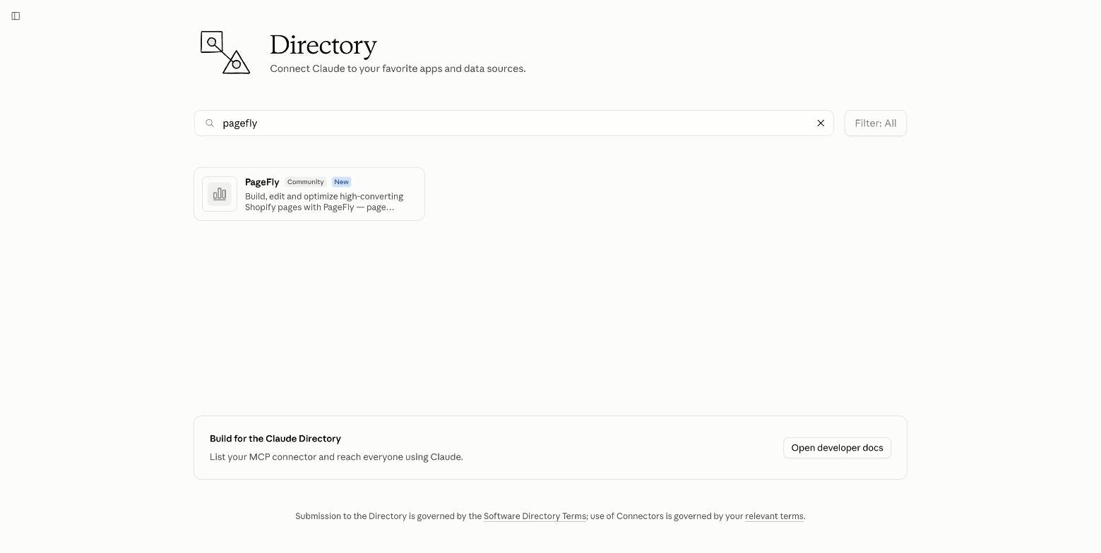 Searching pagefly in the Claude Directory returns the PageFly community connector card, badged New