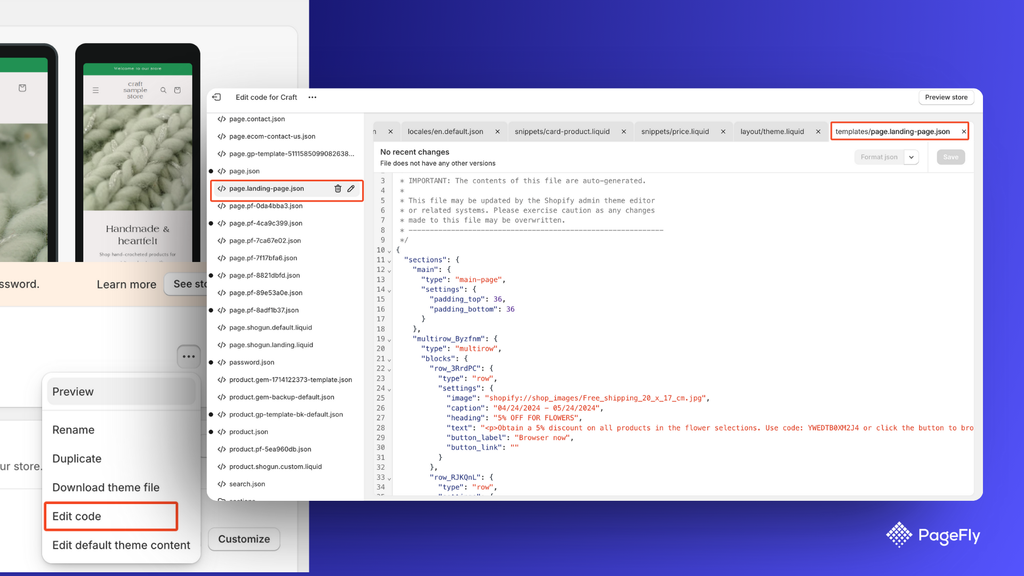 edit shopify landing page by using code