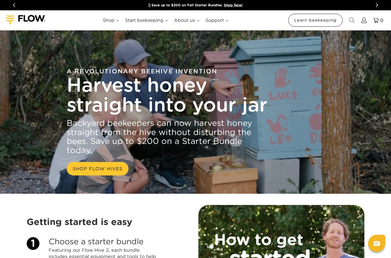 Flow Hive homepage with a Fall Starter Bundles announcement bar and a hero promising up to $200 off