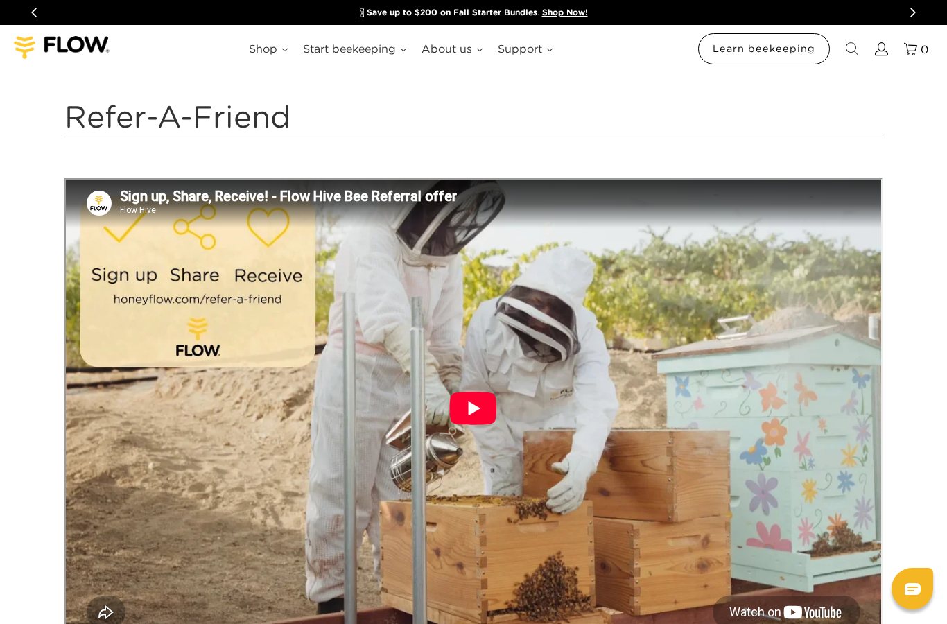 Flow Hive Refer-A-Friend landing page with a Sign up, Share, Receive explainer video