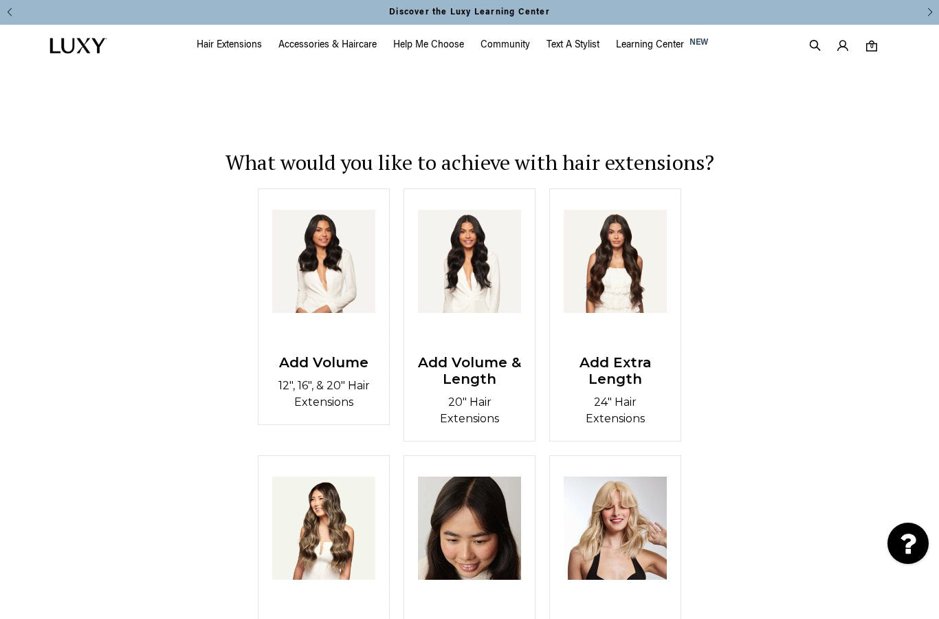 Luxy Hair extensions quiz asking what you want to achieve: volume, length, color, thinning areas or quick styles