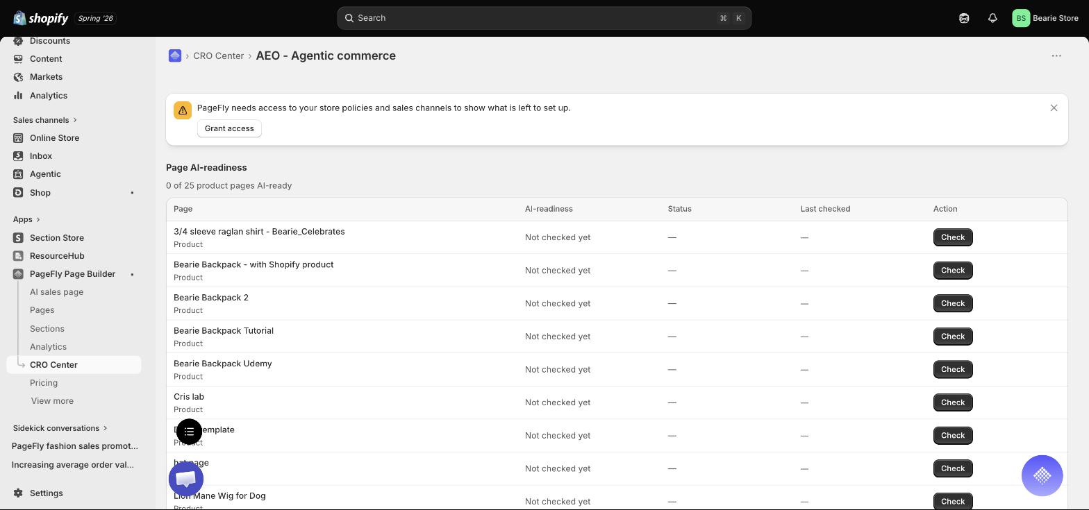 PageFly AEO dashboard in Shopify admin showing Page AI-readiness, 0 of 25 product pages AI-ready, with a Check action per product page