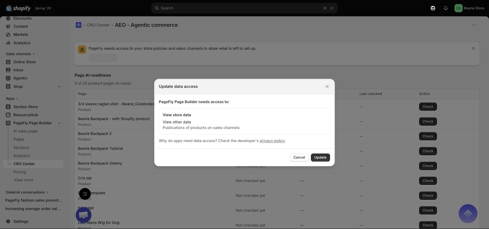 Shopify Update data access dialog asking to grant PageFly access to view store data and product publications on sales channels