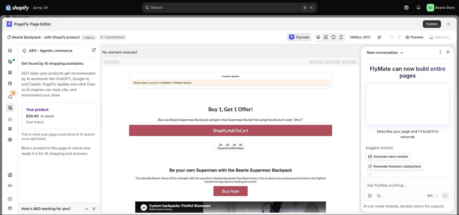 The AEO - Agentic commerce panel open inside the PageFly page editor, prompting to bind a product to the page before checking AI readiness