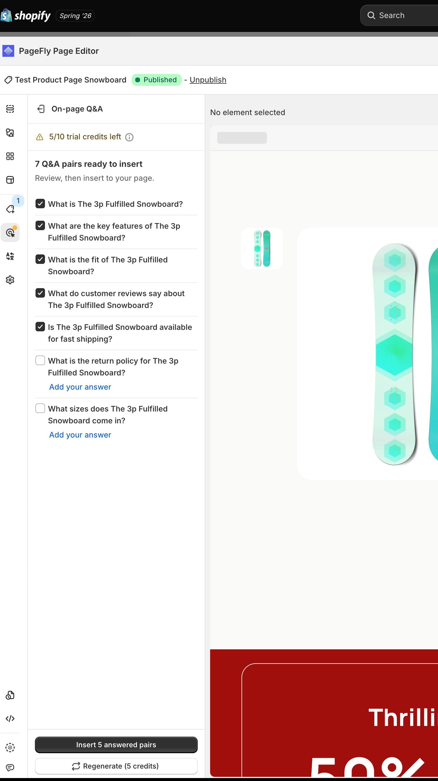 PageFly On-page Q&A panel listing 7 generated question and answer pairs with five selected and an Insert 5 answered pairs button