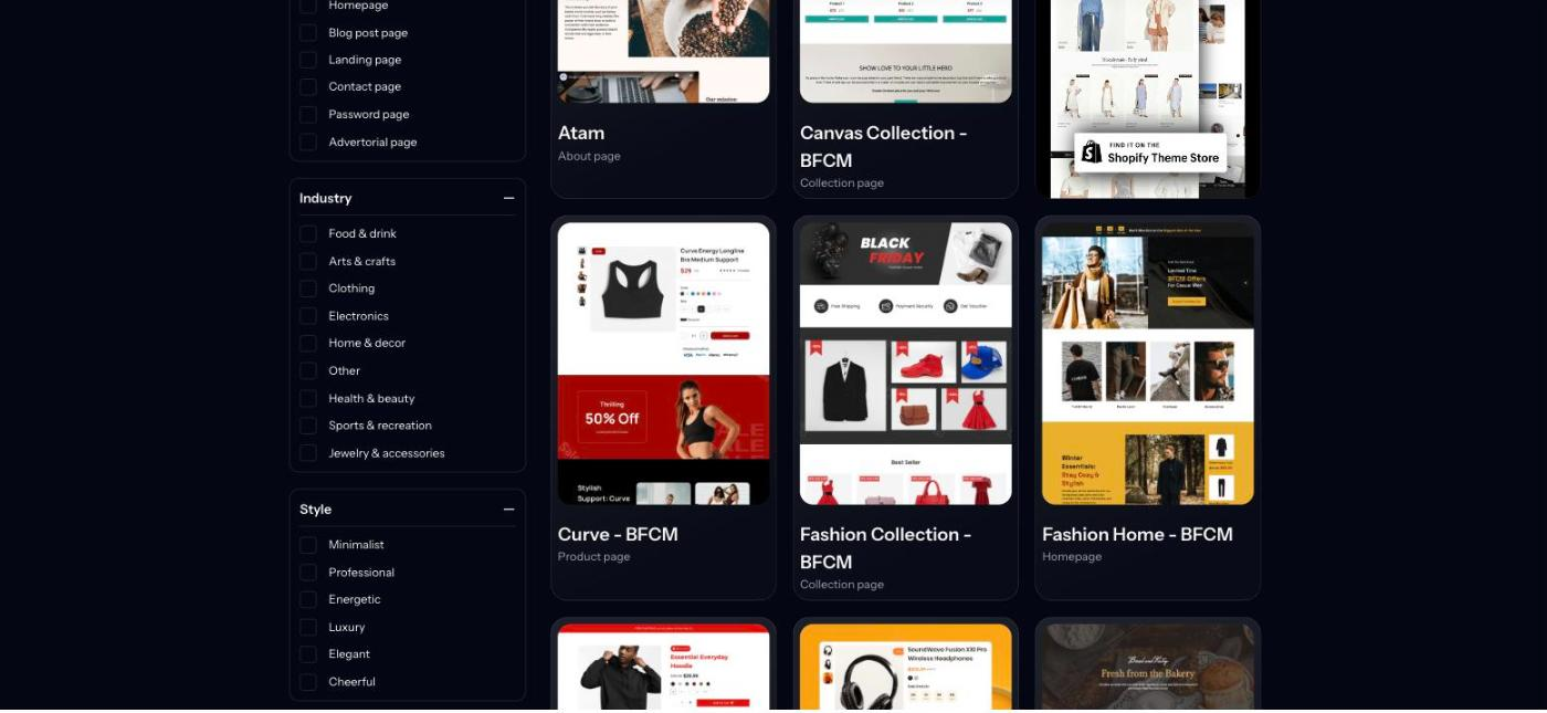 PageFly template library showing four Black Friday BFCM Shopify page templates: Canvas Collection, Curve, Fashion Collection and Fashion Home