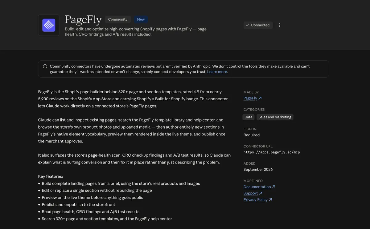 The PageFly connector listing in the Claude Directory, showing the Connected status, connector URL and key features