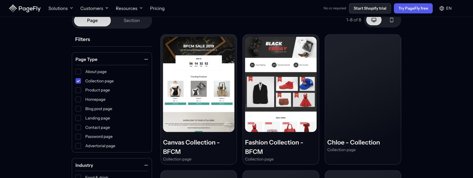 PageFly template library filtered to Collection page templates, showing 8 Shopify collection page templates