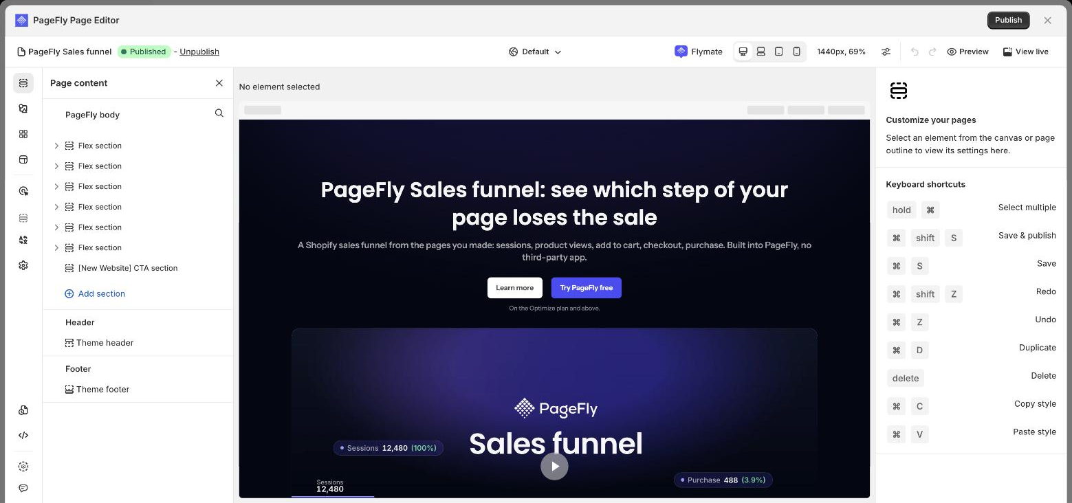 PageFly page editor open on a Shopify landing page, showing the section outline panel, device breakpoint switcher and publish controls