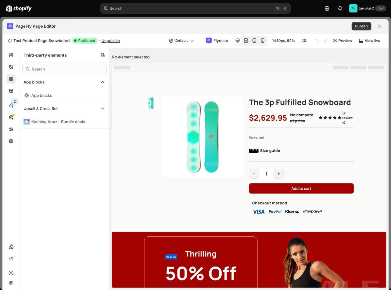 PageFly Page Editor with the Third-party elements panel open, listing Kaching Appz Bundle deals under Upsell and Cross Sell, next to a product page