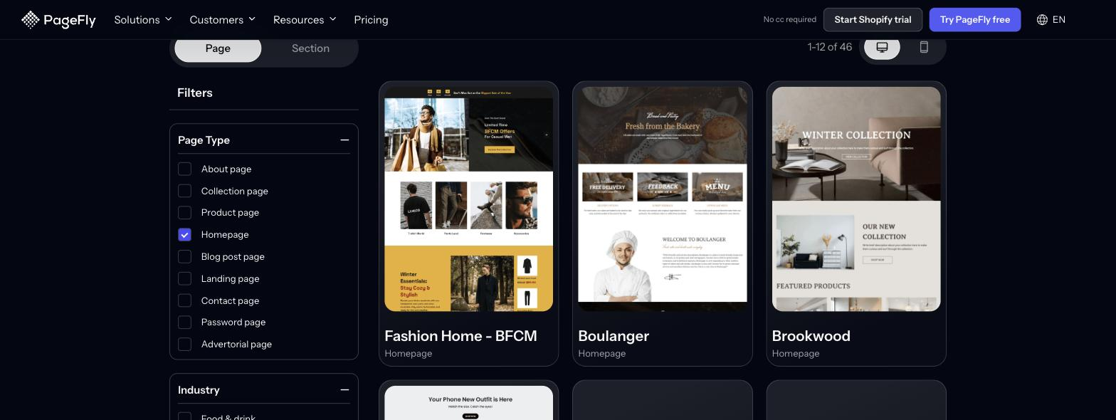 PageFly template library filtered to Homepage templates, showing 46 Shopify homepage templates